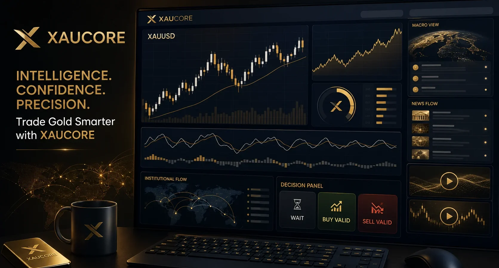XAUCORE gold trading intelligence platform dashboard illustration for XAUUSD traders
