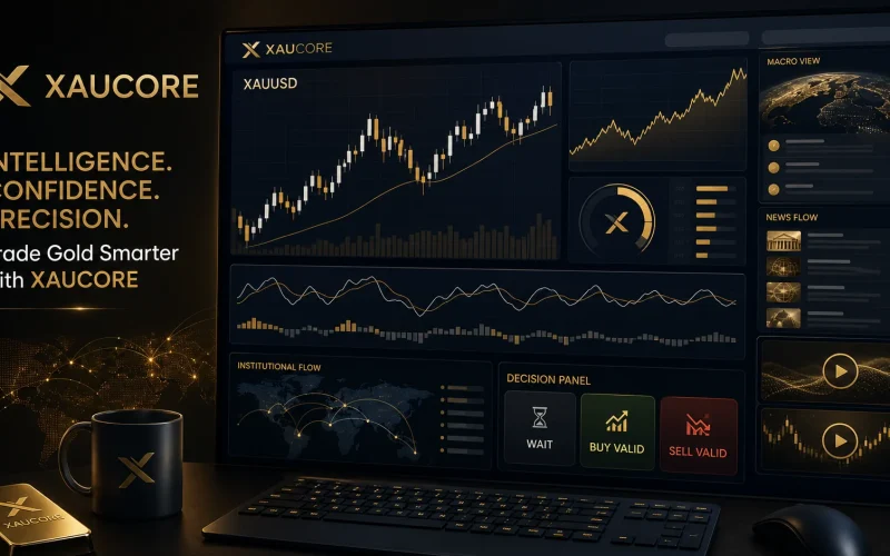 XAUCORE gold trading intelligence platform dashboard illustration for XAUUSD traders